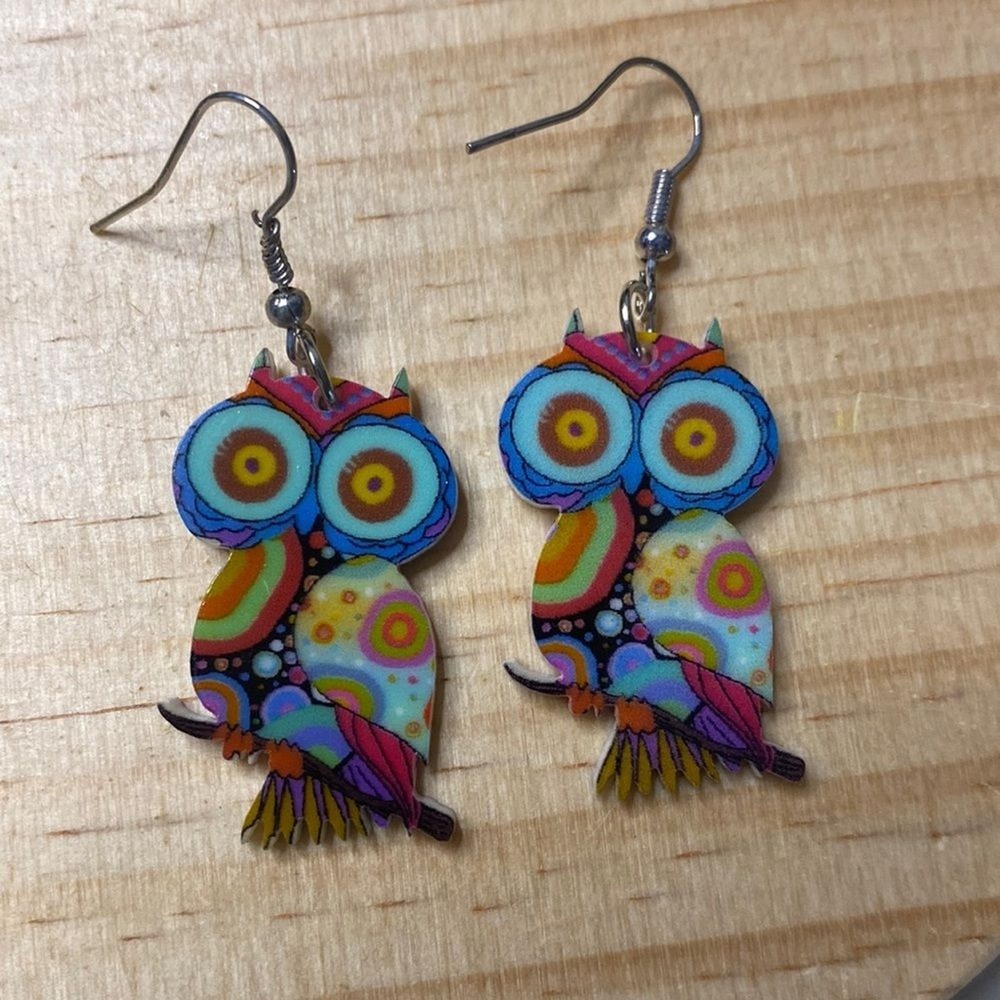 Colorful Owl Earrings,‎ Drop Dangle Hook Pierced Fashion Art 1.25 inch Multi New